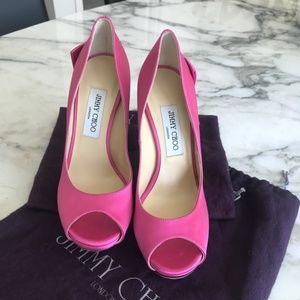 Jimmy Choo Pink Satin Platform Pump 37.5/ 7.5